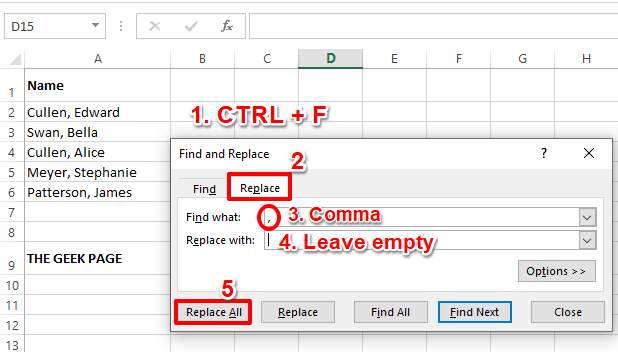 Hoe komma's uit getalwaarden en tekstwaarden in Excel te verwijderen