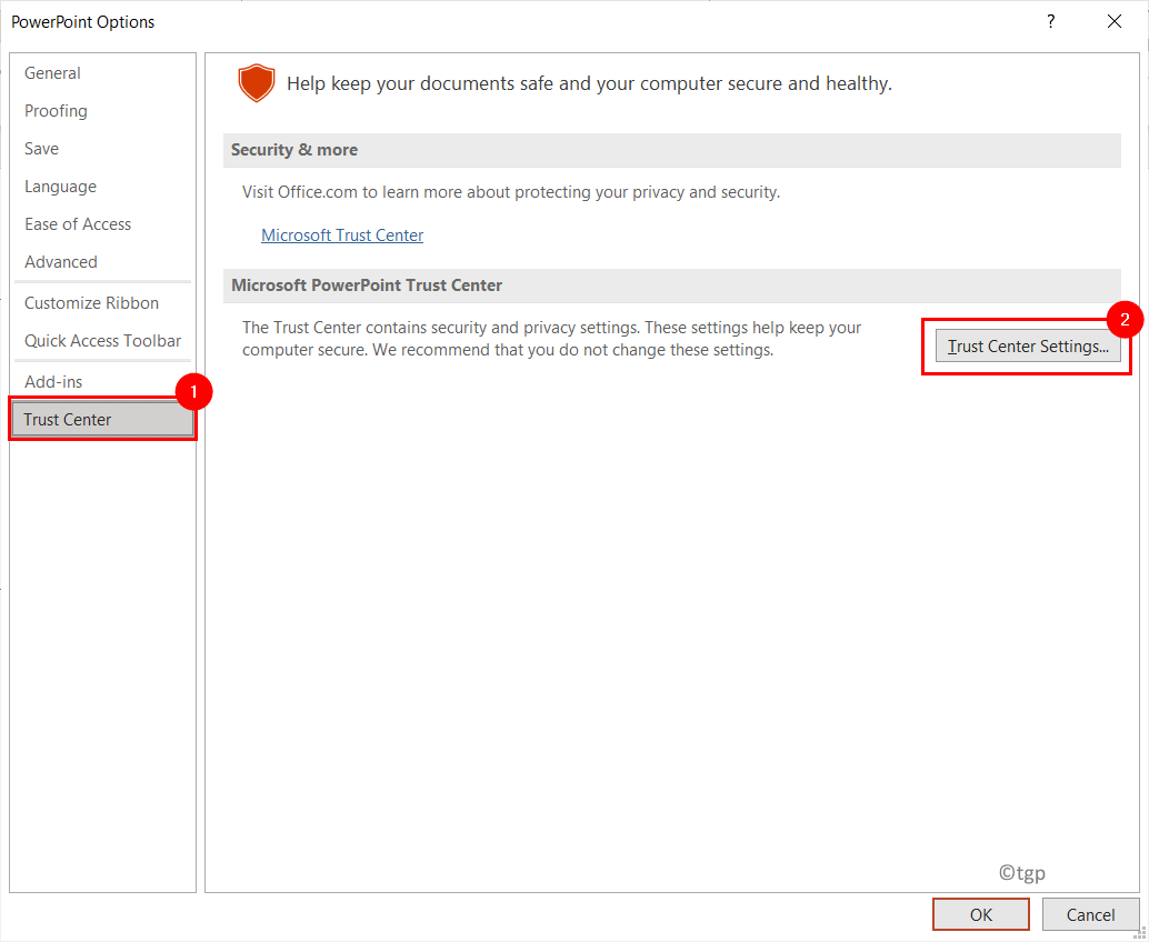 Opciones de ppt Configuración del centro de confianza Mín.