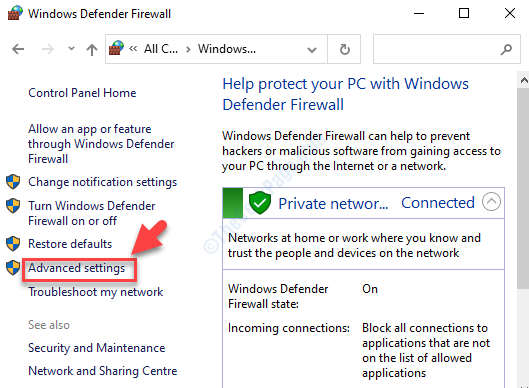 „Windows Defender“ užkardos kairiosios pusės išplėstiniai nustatymai