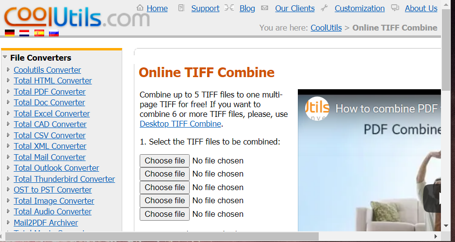 Pripomoček Online TIFF Combine združuje datoteke tiff