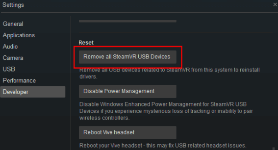 Poista kaikki SteamVR USB Devices -vaihtoehto HTC vive ei muodosta yhteyttä