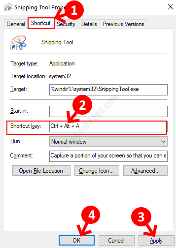 Snipping Tool Properties Shortcut Tab ปุ่มลัด ใช้ตกลง