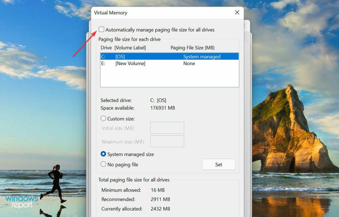 Wyłącz Automatycznie zarządzaj rozmiarem pliku stronicowania dla wszystkich dysków, aby naprawić system Windows 11, który nie używa całej pamięci RAM