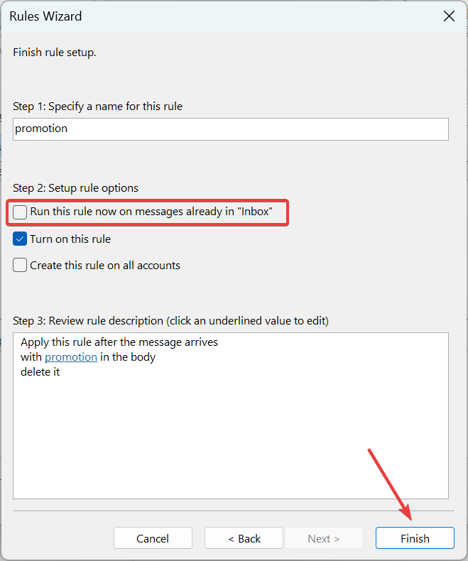 迷惑メールをブロックしない Outlook を修正するルール
