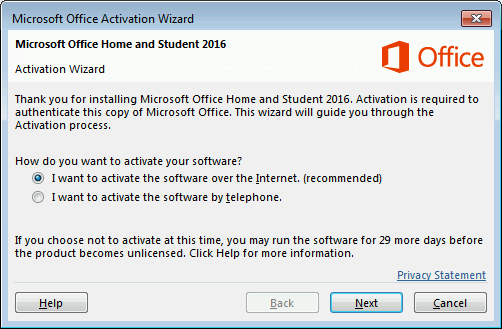 procedura guidata di attivazione di Microsoft Office 2007