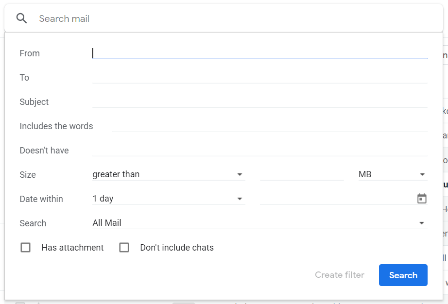 Google Mail-Filterbox sucht E-Mails nach Datum