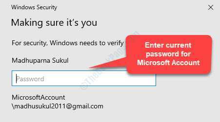 Windows Security varmistaa, että annat Microsoft-tilin nykyisen salasanan