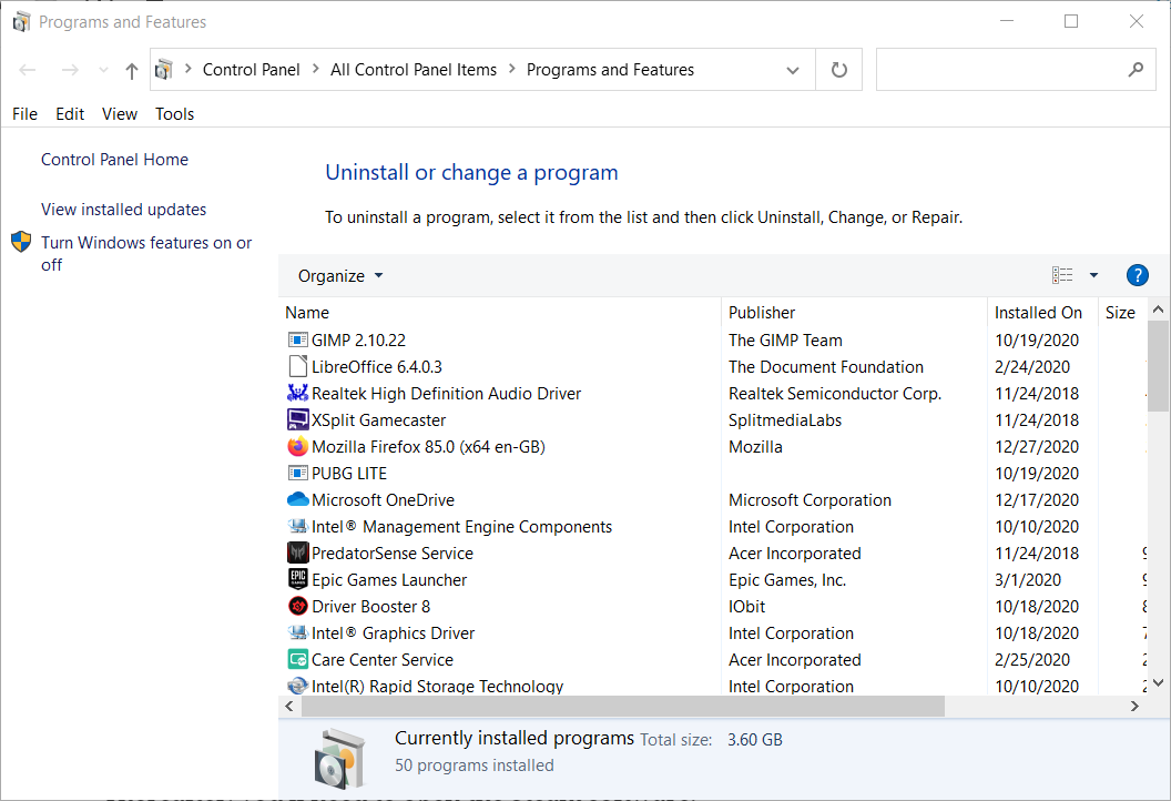 Fenster " Programme und Funktionen" Fallout New Vegas stürzt Windows 10 ab