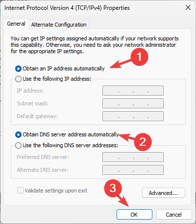 varmista, että Hae IP-osoite automaattisesti ja Hae DNS-palvelimen osoite automaattisesti on valittu