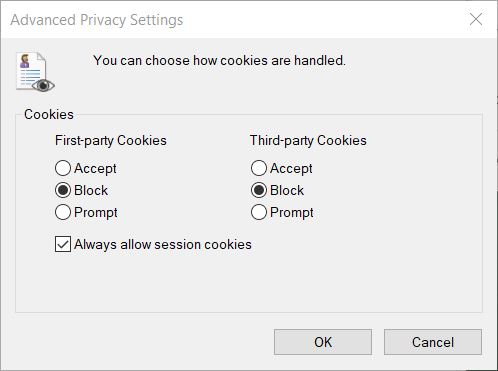 Janela de configurações de privacidade avançadas remove cookies de rastreamento Internet Explorer