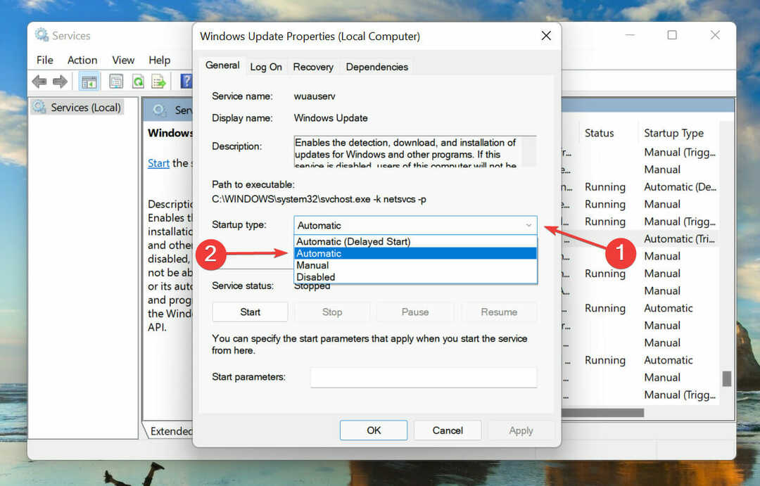 Установіть автоматичний статус служби, щоб виправити помилку встановлення Windows 11 - 0x800f0831