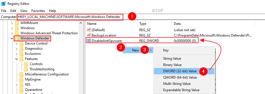 Kayıt Defteri Anahtarı Windows Defender