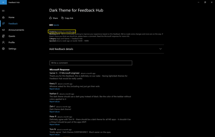 Feedback Hub podporuje Dark Mode v nejnovější verzi Windows 10