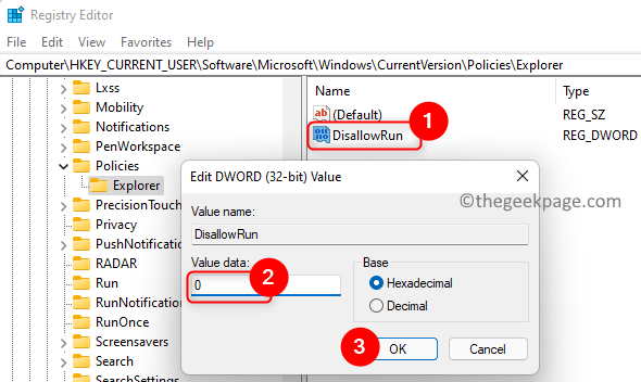 Registro di sistema Software utente Criteri di Microsoft Windows Explorer Disallowrun Voce Min
