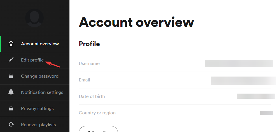 clicca su modifica profilo nell'account Spotify