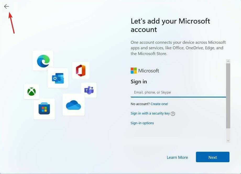 Nastavitev sistema Windows 11 z gumbom za nazaj brez računa Microsoft