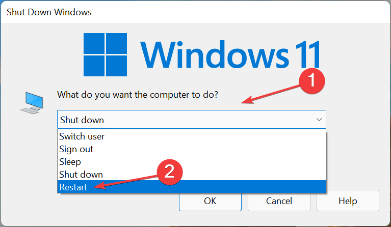 Käynnistä uudelleen korjataksesi, että Windows 11 -ohjain ei toimi
