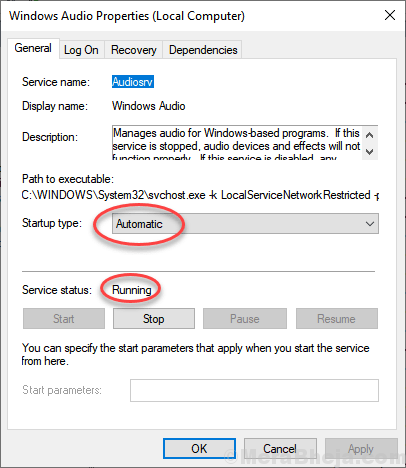 Serviço de áudio do Windows em execução automática por minuto