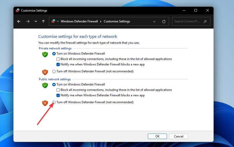 La opción Desactivar el Firewall de Windows Defender windows 11 vpn no funciona