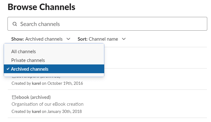 У вікні пошуку "Перегляд каналів" немає можливості редагувати, видаляти чи архівувати канал