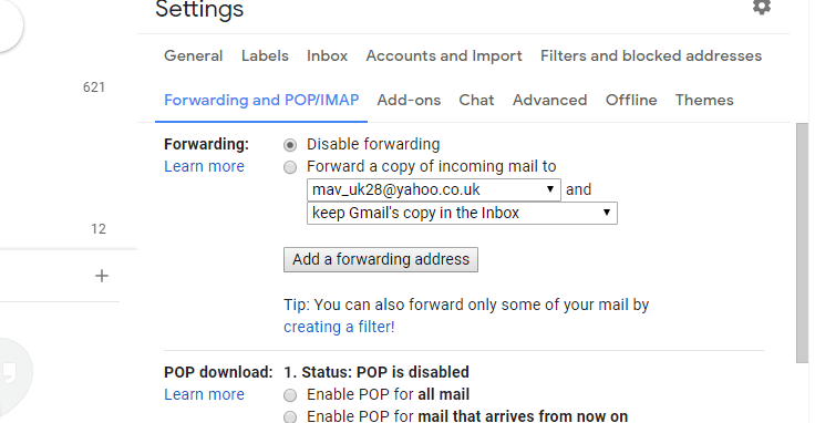 Вкладка "Пересылка" учетная запись Gmail не получает электронные письма