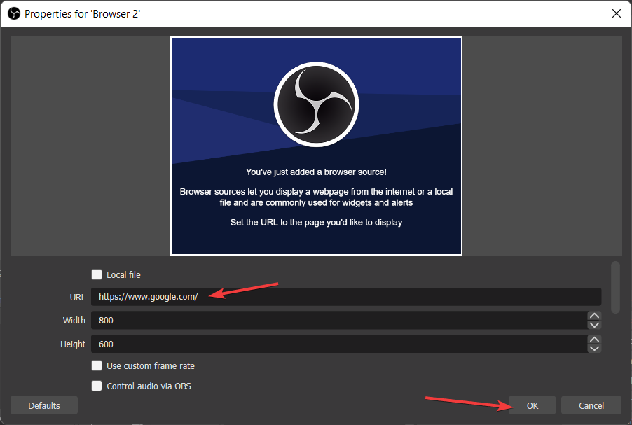 set-url kako dodati vir brskalnika v obs studio