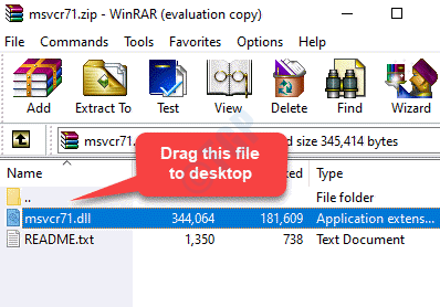 Zip File Dra Msvcr71.dll-filen til skrivebordet