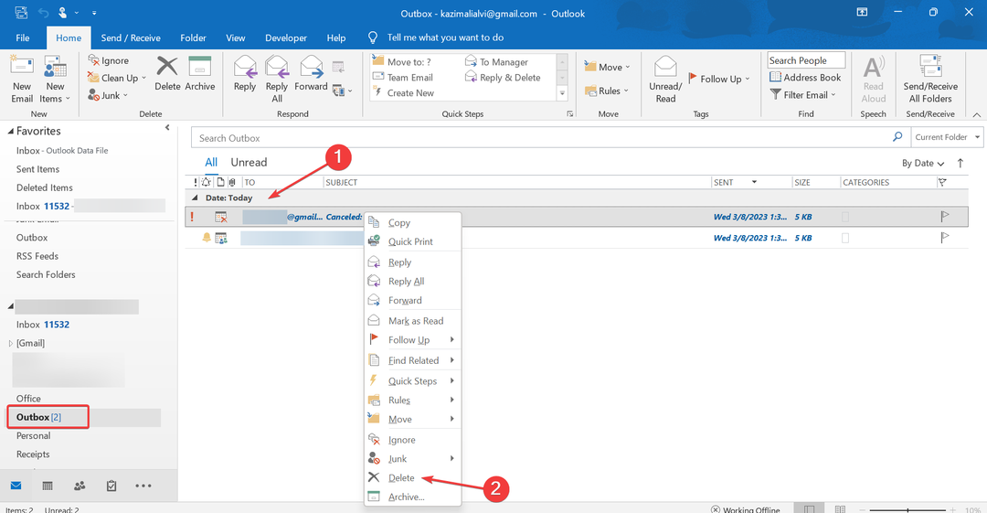 елиминирайте пощата за Outlook, като анулирате съобщението без известие