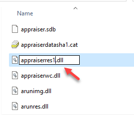 File Explorer Navigeerige allikatesse Nimeta Appraiserres.dll ümber aadressiks Appraiserres1.dll OK