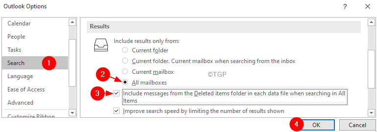 ตัวเลือกการค้นหาของ Outlook