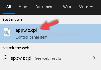 ابدأ اكتب Appwiz.cpl Search Result