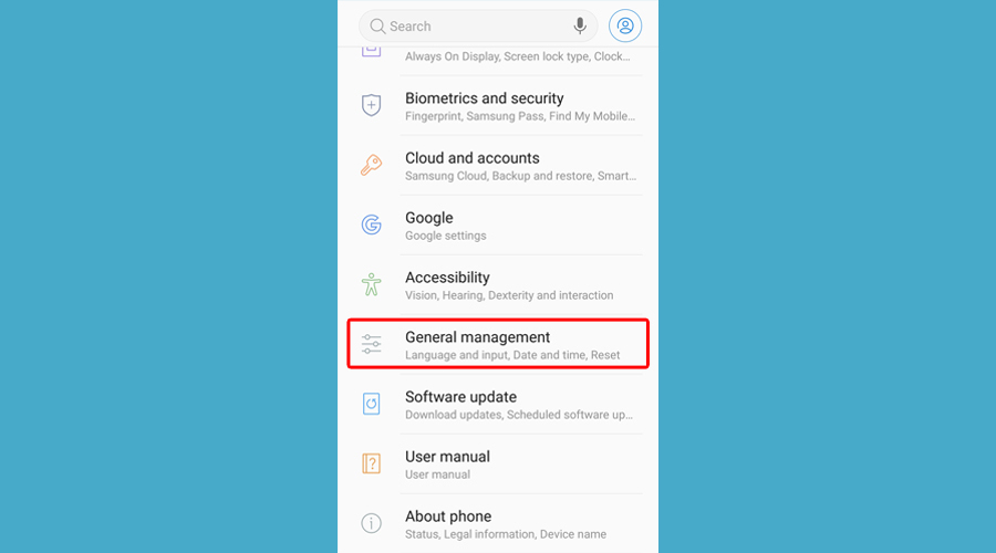 Android는 일반 관리 옵션을 표시합니다.