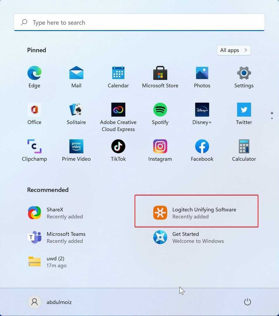 Otwieranie Logitech Unifying z menu Start systemu Windows 11