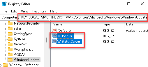 Registrierungseditor Navigieren Sie zu Windows Update Key Löschen Sie Wuserver- und Wistatusserver-Zeichenfolgenwerte