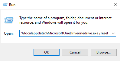 Dialógové okno Spustiť - chyba OneDrive Business 0x8004de90