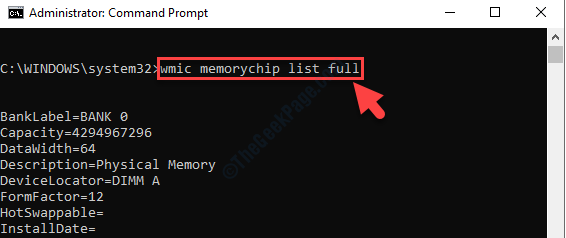 Invite de commandes (admin) Exécuter la commande pour obtenir les détails de la mémoire complète Entrez