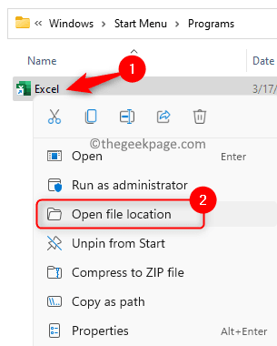 Startmenü Programme Excel Open File Location Min