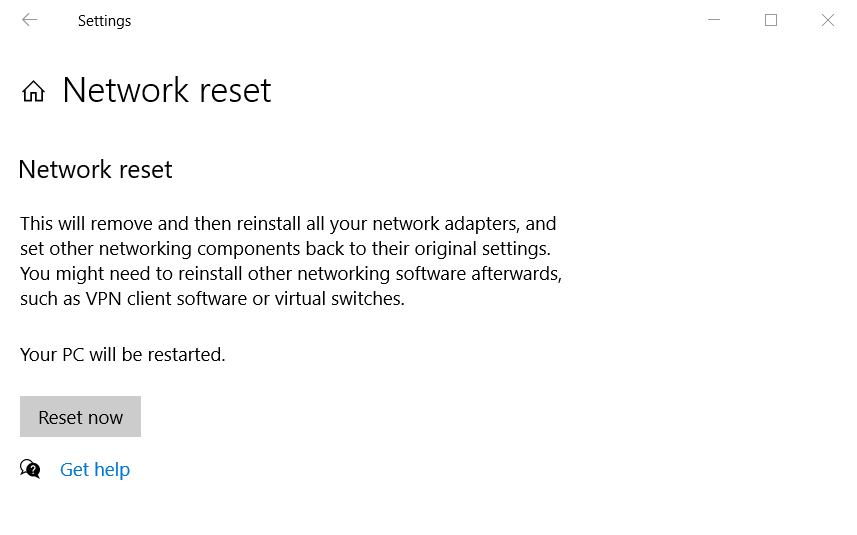 Tlačítko Resetovat resetuje nastavení sítě Windows 10