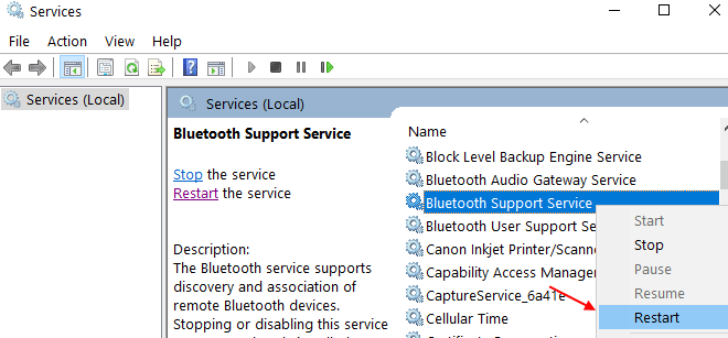 Znova zaženite storitev podpore Bluetooth Min