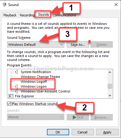Skirtukas Garsas Dialogo langelis Garsai Programos įvykiai „Windows“ atsijungimas „Windows“ prisijungimas Patikrinkite „Play Windows Startup Sound“