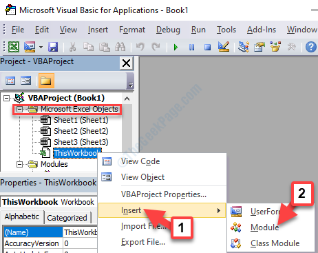 Vba Editor -projektipalkki Microsoft Excel -objektit Tämä työkirja Napsauta hiiren kakkospainikkeella Lisää moduuli