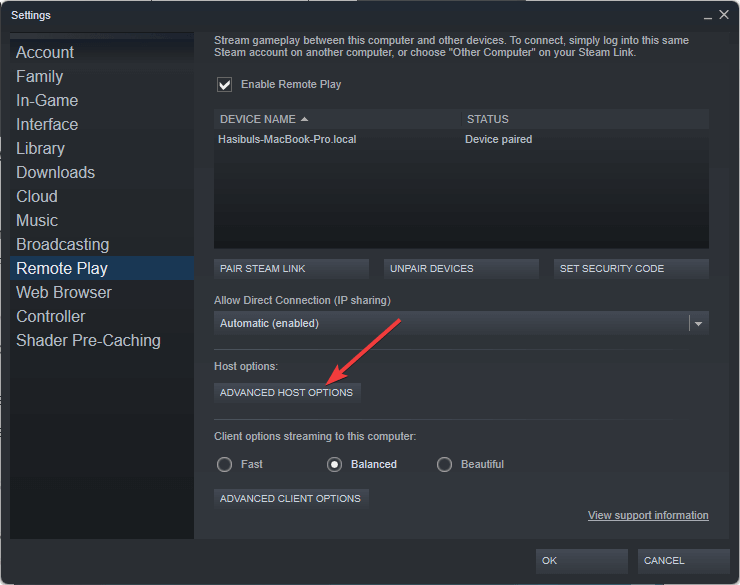 facendo clic sull'opzione host avanzata Impostazioni Steam