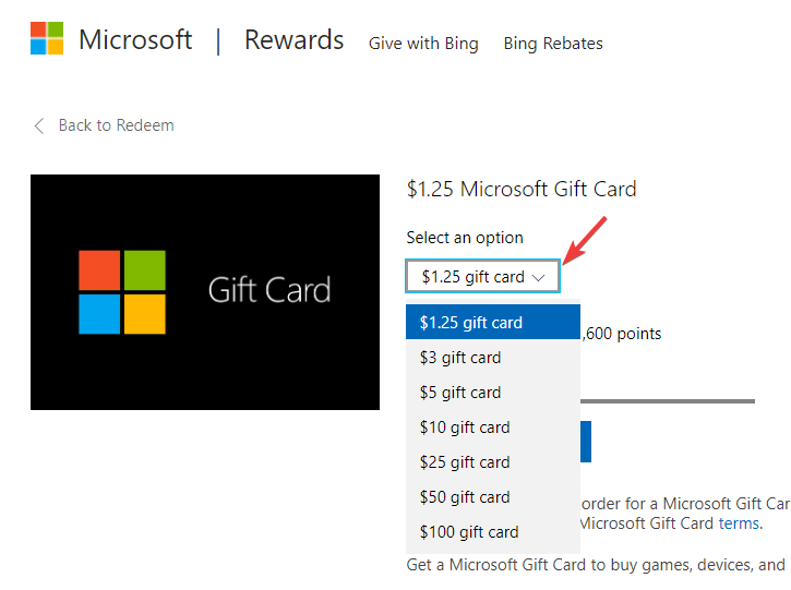 Wybierz wartość karty upominkowej Microsoft z menu rozwijanego