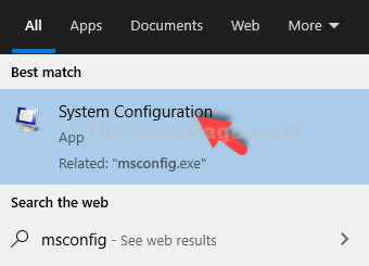 Розпочніть пошук конфігурації системи Msconfig