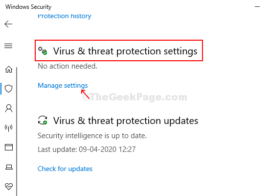 Ventana siguiente Configuración de protección contra virus y amenazas Administrar la configuración