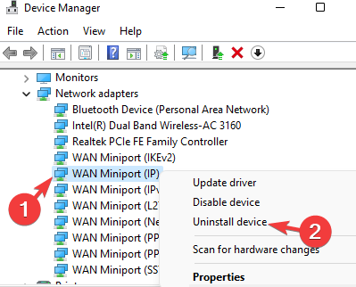 Z desno tipko miške kliknite WAN Miniport (IP) in izberite Odstrani napravo 