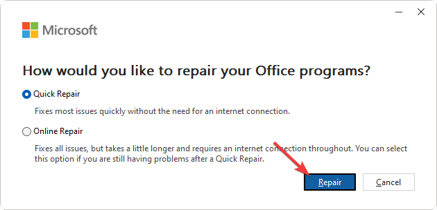 reparare reparare rapidă Microsoft Office