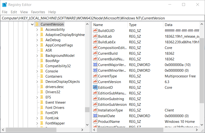 WOW6432Note CurrentVersion registernøkkel Windows 10 aktiveringsfeil 0xc03f6506