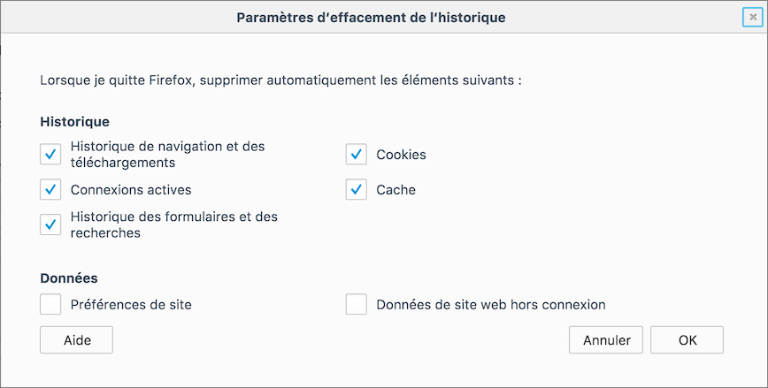 Parâmetros cookies de apagamento e cache no Firefox