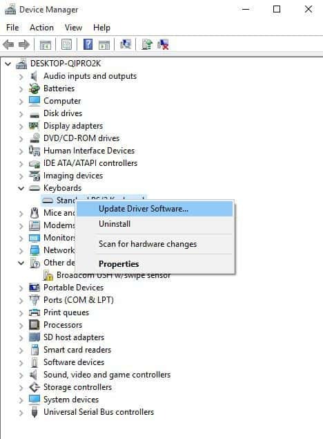 aktualizace ovladače @ klíč nefunguje na klávesnici notebooku s Windows 10 